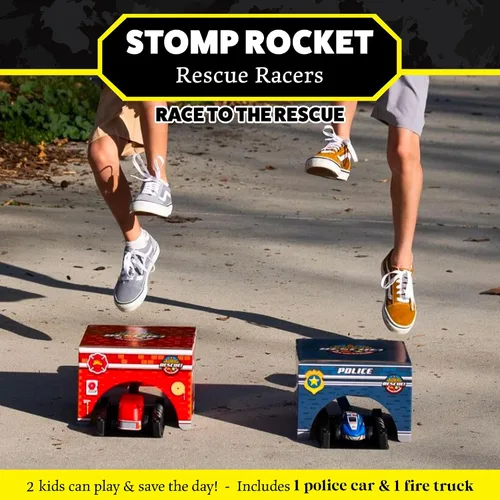Miniatura 3 de Stomp Rocket Original Stomp Rescue Racers - Coches de carreras de duelo para niños - 1 camión de bomberos, 1 coche de policía, 2 plataformas