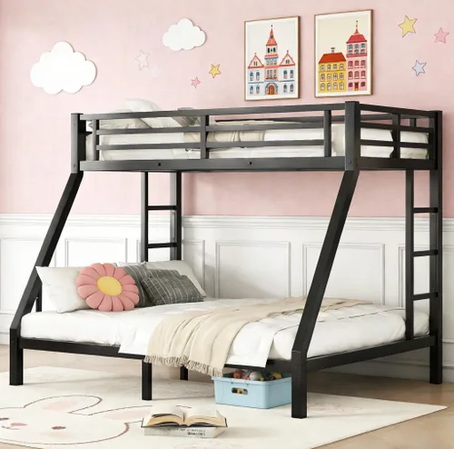 Miniatura 17 de Bellemave - Litera de cama individual XL sobre queen de metal resistente para adultos, color negro