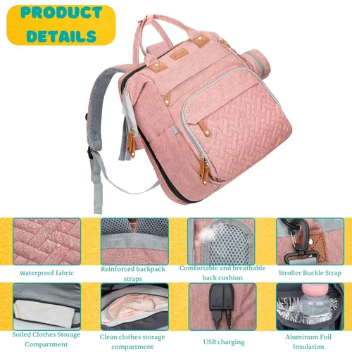 Miniatura 7 de Bolsa de pañales, artículos esenciales para bebés, mochila multifuncional de gran capacidad, el mejor regalo para recién nacidos con estación de Rosa