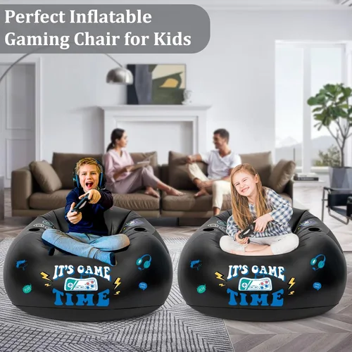 Miniatura 3 de Silla inflable para juegos para niños, puf de piso para adolescentes, muebles de habitación de niños con portavasos y bolsillo lateral, sofá