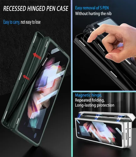 Miniatura 4 de Funda para Samsung Galaxy Z Fold 3 con soporte para bolígrafo, cubierta con bisagras integrada con ranura para bolígrafo, con protector de pantalla