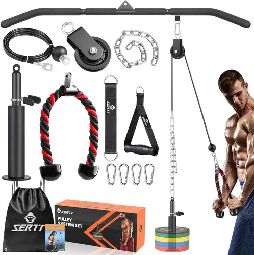 SERTT Sistema de Polea de Cable para Gimnasio, Accesorio de Polea de Rack de Potencia con Barra de Jalón LAT 2 en 1 y Pasador de Carga Mejorado, con