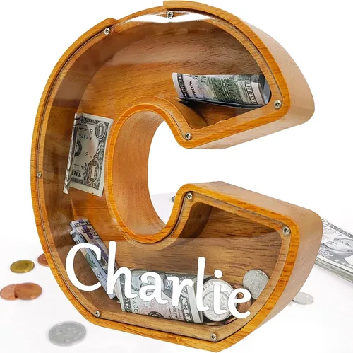 Miniatura 12 de Alcancía para niños y niñas, alcancía grande de madera personalizada con diseño recortado, bancos de monedas con letras del alfabeto, caja de ahorro