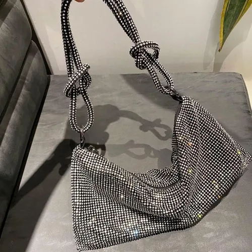 Miniatura 5 de Bolso Hobo con diamantes de imitación para mujer, elegante bolso de noche brillante plateado con diamantes de imitación, bolso dorado