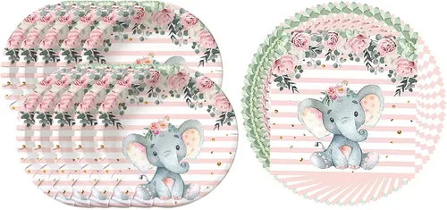Miniatura 5 de HJFZLY Elefante Baby Shower, suministros de fiesta de cumpleaños de elefante rosa, 20 platos y 20 servilletas, decoración de fiesta de cumpleaños
