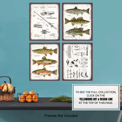 Miniatura 6 de Accesorios de pesca, impresión de patente, caña, carrete, señuelos, juego de arte de pared – Decoración de casa de lago o montaña para el hogar
