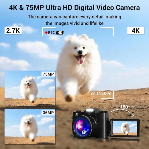 Miniatura 2 de Cámara digital, 75MP WiFi 4K Vlogging cámara de video para YouTube con pantalla abatible de 180° de 3 pulgadas, tarjeta SD de 64 GB, antivibración