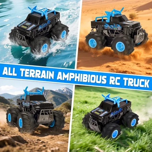 Miniatura 3 de BainGesk Juguetes de camión monstruo a control remoto impermeable, auto RC 1:16, 2.4GHz 4WD juguetes de automóvil todo terreno con 2 baterías Azul
