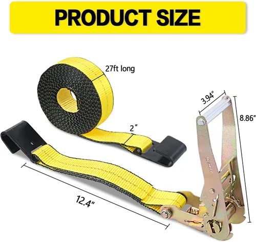 Miniatura 3 de Productos Correas de amarre de trinquete con ganchos planos, correas de trinquete de 2" x 27' amarillas 10,000 libras de resistencia a la rotura