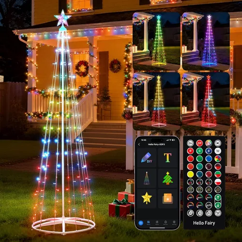Árbol de Navidad en forma de cono LED inteligente Brightown, 8 pies, 191 luces LED con sincronización de música, control remoto y aplicación, patrón