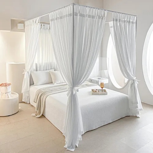 AIKASY Tabla de cama con toldo con parte superior y tiras autoadhesivas, tienda de campaña de gasa blanca tipo princesa, crea un ambiente romántico