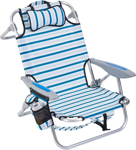 Miniatura 14 de Silla de playa tipo mochila para adultos, silla de camping plegable portátil con 5 posiciones reclinable, reposacabezas, portavasos y bolsa