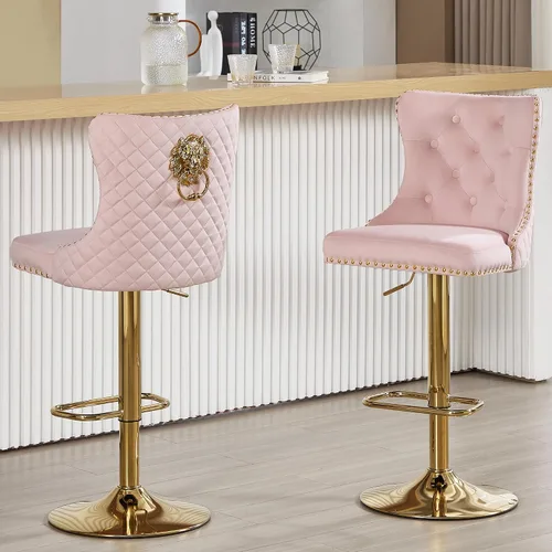 Miniatura 21 de Taburetes de bar negros juego de 2 sillas de cocina giratorias de terciopelo con respaldo alto acolchado, taburetes dorados modernos tapizados