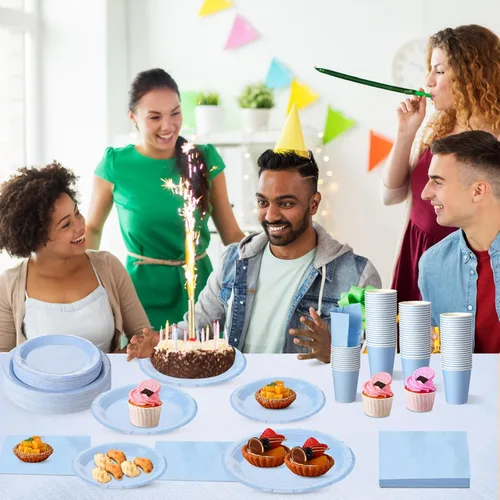 Miniatura 8 de Tioncy 200 platos de papel desechables azules y servilletas, suministros para fiesta de graduación para 50 invitados, juego de vajilla de papel