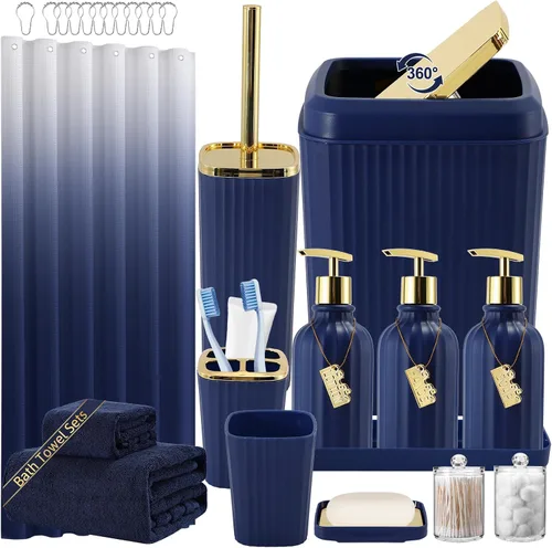 Miniatura 47 de 21PCS Bathroom Sets with Shower Curtain and Rugs Bathroom Accessories Set Beige Bathroom Set Complete with Trash Can, Toilet Brush, Qtip Holder &