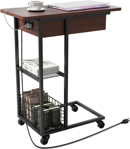 LIDYUK Mesa auxiliar en forma de C con estación de carga, mesa auxiliar abatible con puertos USB y tomas, mesa de sofá con estante de almacenamiento