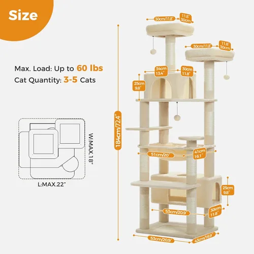 Miniatura 3 de PAWZ Road Árbol grande para gatos, torre para gatos de 72 pulgadas para gatos grandes, condominio para gatos con postes rascadores y almohadillas