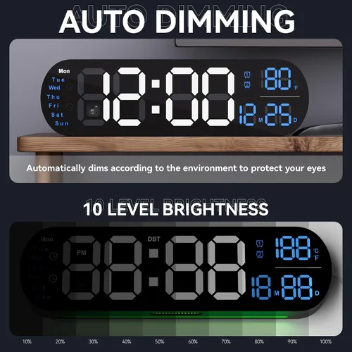 Miniatura 2 de Relojes de pared grandes de 13.7 pulgadas, reloj de pared de cocina con control remoto, luz nocturna RGB, atenuación automática de brillo, doble