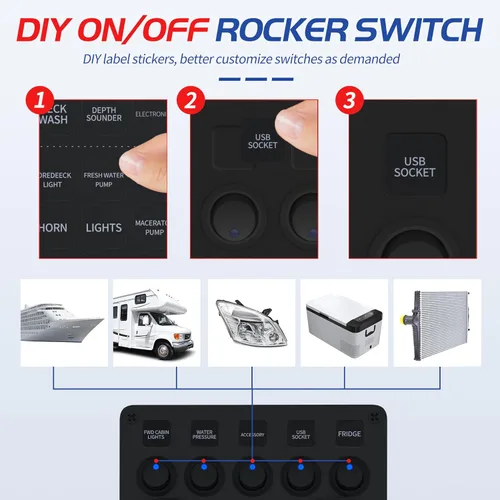 Miniatura 4 de RVMARINEPAT Panel de Interruptores Basculantes de 5 Posiciones Certificado UL Panel de Interruptores de 12 Voltios ON-OFF LED Azul con Fusible