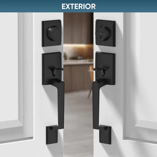 Miniatura 8 de TICONN Juego de manijas para puerta delantera doble, palanca de puerta cuadrada de servicio pesado y combo de cerrojo de cilindro único para puertas