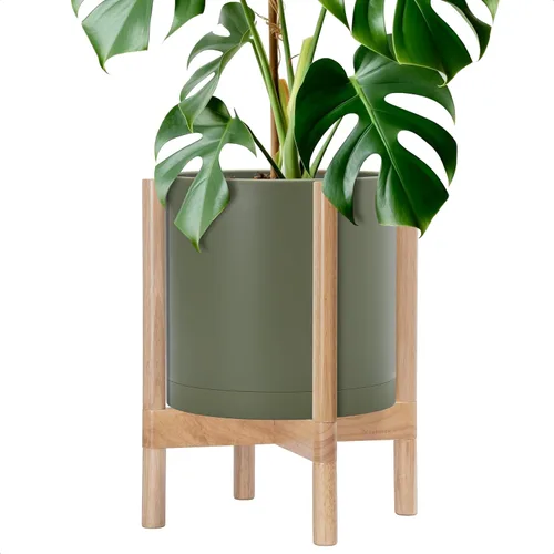 Miniatura 23 de Maceta de D'vine Dev con soporte - Maceta de flores de cilindro de plástico de 8.0 pulgadas con soporte de madera para interiores, maceta mate negra