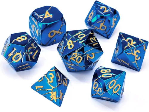 Miniatura 7 de Dados de metal para DND – Ruinas de faraón oro oscuro con grietas moradas – Juego de dados poliédricos para D&D, RPG y más – Bellamente detallados