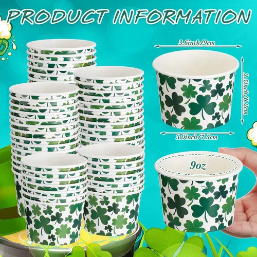 Miniatura 4 de Zopeal Paquete de 50 tazas de papel de 9 onzas para helado del Día de San Patricio, cuencos desechables para helado de trébol, tazas de aperitivos