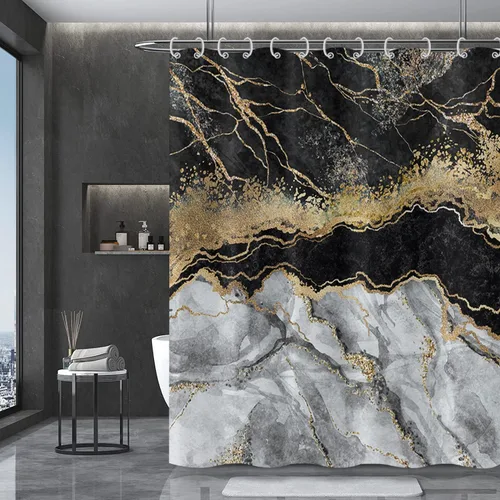 Miniatura 3 de Cortina de ducha de mármol negro, moderno, abstracto, mezclado, negro, gris, dorado, textura de mármol, líneas agrietadas, cortina de baño, bañera
