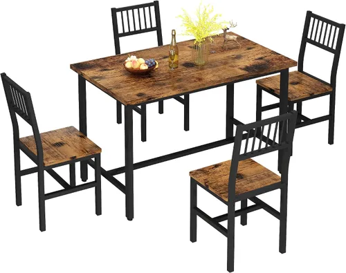 Miniatura 5 de AWQM Juego de mesa de comedor de 43.3 pulgadas para 4, mesa industrial con 4 sillas curvas, juego de mesa de cocina rectangular de 5 piezas