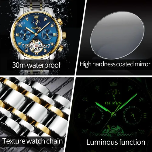 Miniatura 6 de OLEVS Relojes automáticos para hombre, de lujo, de cuerda automática, reloj de pulsera mecánico, de acero inoxidable, impermeable, luminoso, fecha