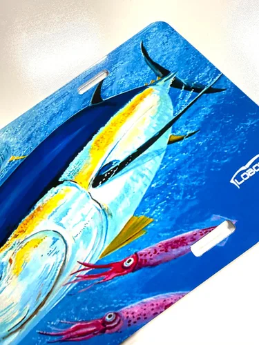 Miniatura 5 de Lobo Lures Bigeye Atún Chasing Squif por Mark Ray Auto Vanity Plate Garage o Mancave Art, placa de aluminio con revestimiento UV