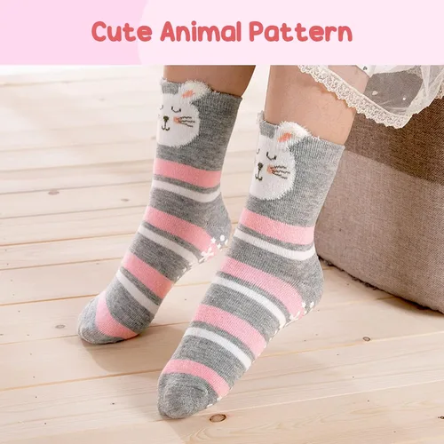 Miniatura 2 de Hellomamma Calcetines de algodón antideslizantes para niños pequeños, calcetines de tripulación de animales lindos con agarres, calcetines