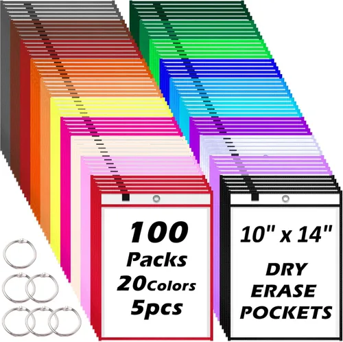 Oleitodh - 100 paquetes de fundas de bolsillo reutilizables de borrado en seco extragrandes con 6 anillas, 20 colores surtidos 10x14 para boletos,