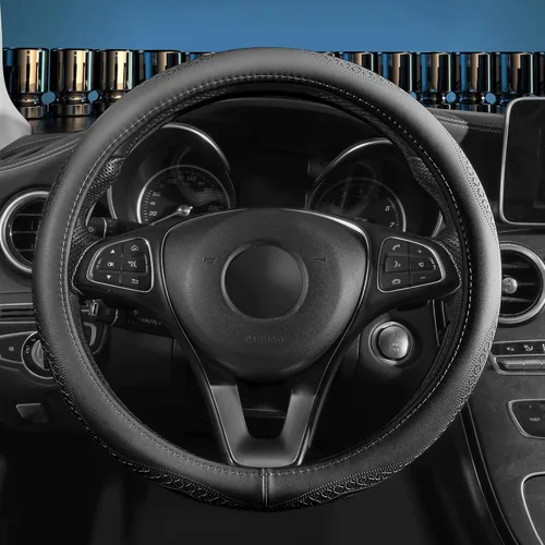 Miniatura 7 de Red Rain Funda de cuero negro y azul para volante de automóvil, tamaño universal M / 15 pulgadas, compatible con coche/automóvil/SUV