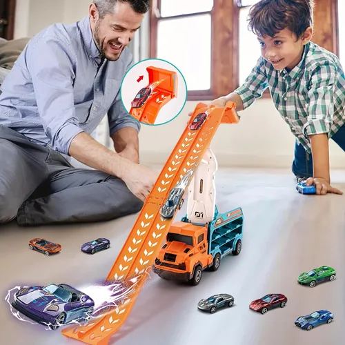 Miniatura 6 de Juguetes de camión para niños pequeños, camión transportador de automóvil de juguete para niños de 3 a 5 4 a 8 años, juegos de pista de autos Naranja