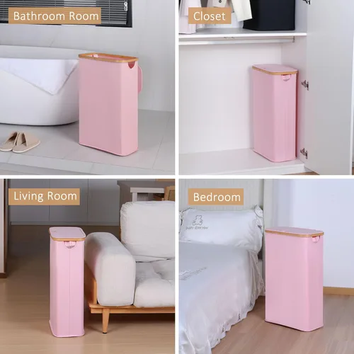 Miniatura 4 de iEGrow Cesta de lavandería delgada de 65L, cesta de lavandería estrecha con tapa, cesta de ropa plegable con asas de bambú, cesta de lavandería