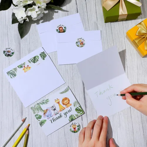 Miniatura 4 de Yeaqee 100 tarjetas de agradecimiento de la selva de safari con sobres, calcomanías de animales del bosque, tarjetas de felicitación de vegetación