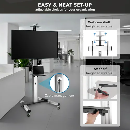 Miniatura 4 de Mount-It! Soporte de TV móvil para televisores de pantalla plana, carrito de TV con ruedas ajustable en altura para pantallas de 32, 40, 50, 55, 60
