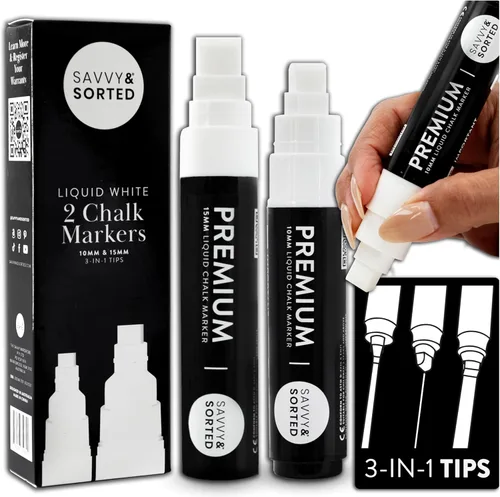 SAVVY & SORTED Marcadores Grandes de Tiza Blanca Borrable, Paquete de 2, 10 y 15mm, Marcadores Gruesos para Ventana de Vidrio, Bolígrafos Jumbo para