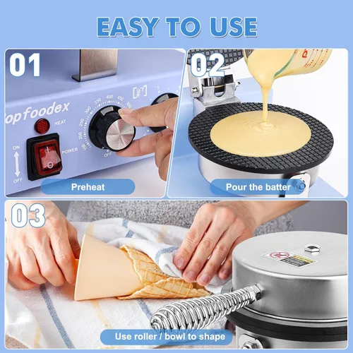 Miniatura 5 de Máquina comercial para hacer conos de gofres – Máquina comercial de cono de helado de 1200 W con sartén antiadherente de 8 pulgadas y temperatura
