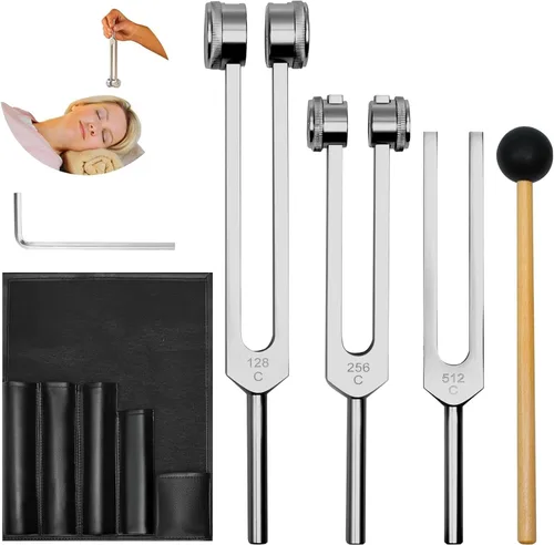 Horquillas de afinación para instrumento de curación (128Hz, 256Hz, 512Hz) - Juego de horquillas de afinación con martillo reflejo, instrumentos de