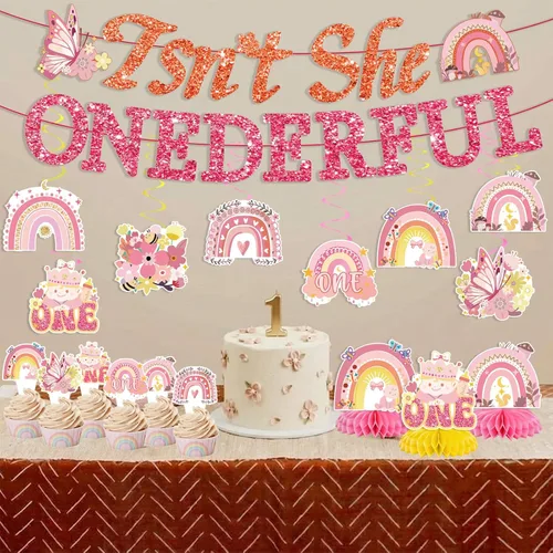 Miniatura 6 de 35 decoraciones de cumpleaños con texto en inglés "Isn't She Onederful", decoraciones de primer cumpleaños para niñas, fácil instalación, incluye