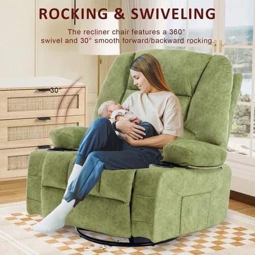 Miniatura 4 de KCQ Silla reclinable giratoria de gran tamaño con portavasos de calor para masaje, sillas reclinables de tela con relleno para guardería, mecedora