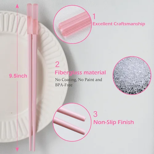 Miniatura 3 de Palillos reutilizables aptos para lavavajillas, GLAMFIELDS - 10 pares de 9.5 pulgadas, juego premium de palillos de fibra de vidrio para sushi, Rosa