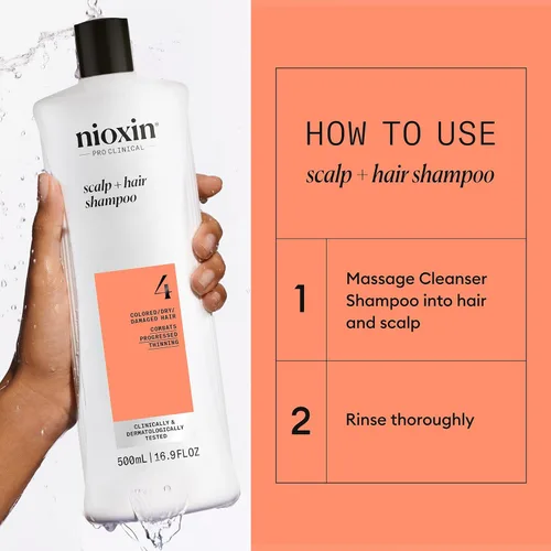 Miniatura 6 de Nioxin System 4 Champú Espesante para Cuero Cabelludo + Cabello para Cabello Teñido, Seco y Dañado con Adelgazamiento Progresivo Mantiene
