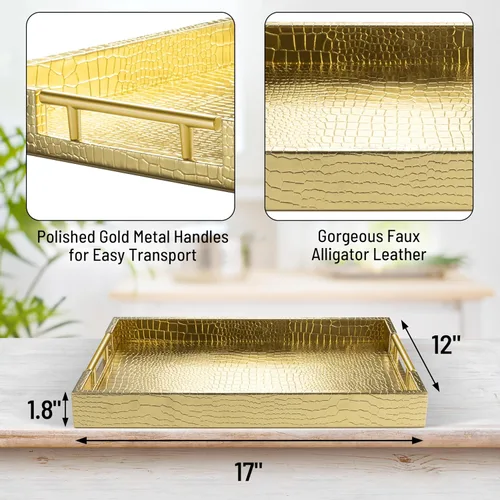 Miniatura 2 de ATZYmolin - Bandeja de servicio de madera de 17 x 12 pulgadas con asas de metal dorado pulido, bandeja decorativa rectangular de madera para el Oro