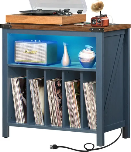 Miniatura 11 de Joaxswe Soporte Grande para Tocadiscos con Estación de Carga y Luces LED, Gabinete Portador de Almacenamiento de Discos de Vinilo que Sostiene hasta
