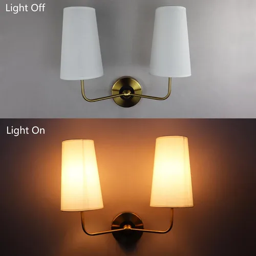 Miniatura 8 de DAYCENT Moderno aplique de pared dorado con pantalla de tela, apliques de 2 luces, iluminación de pared de doble brazo, luces de tocador de baño