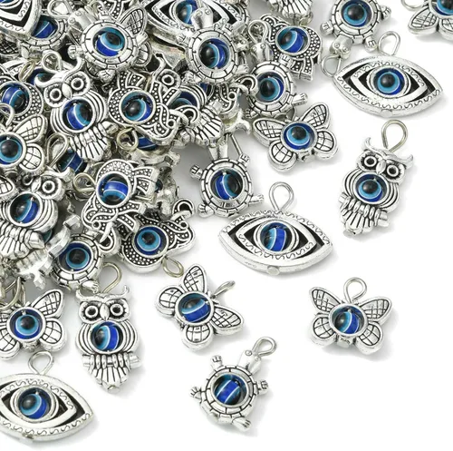 LiQunSweet 100 piezas de formas mixtas de tortuga, elefante, mariposa, búho, animales, mal de ojo, para hacer joyas, pulseras, aretes, collares,