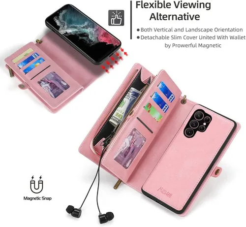 Miniatura 4 de Asuwish Funda de teléfono para Samsung Galaxy S22 Ultra 5G con cremallera, funda desmontable con protector de pantalla y tarjetero de cuero, Rosado